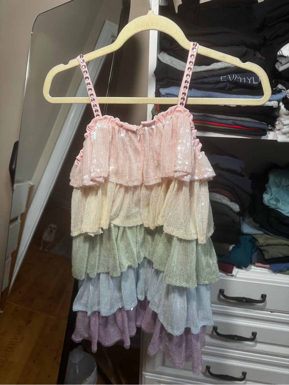 Lola + The Boys Rainbow Sequin Tiered Ruffle Dress with Sequin Straps